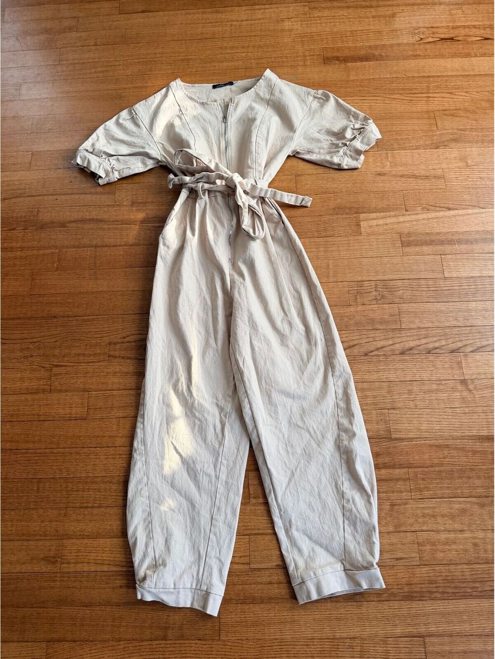 GoodtimesUSA Womens M Medium Denim thick 100% Cotton Khaki Jumpsuit Zipper Tie